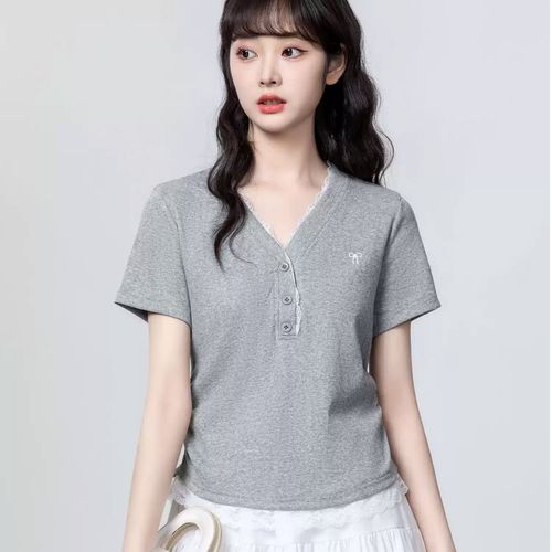屿风纪 蕾丝短袖t恤女2026夏季新款修身v领正肩显瘦百搭休闲上衣 蓝色